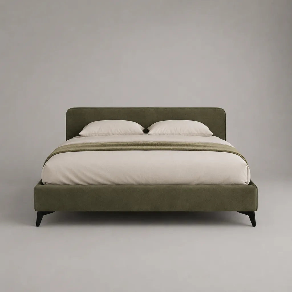 Lit double rembourré en velours vert olive avec sommier à lattes, couchage 160 × 200 cm
