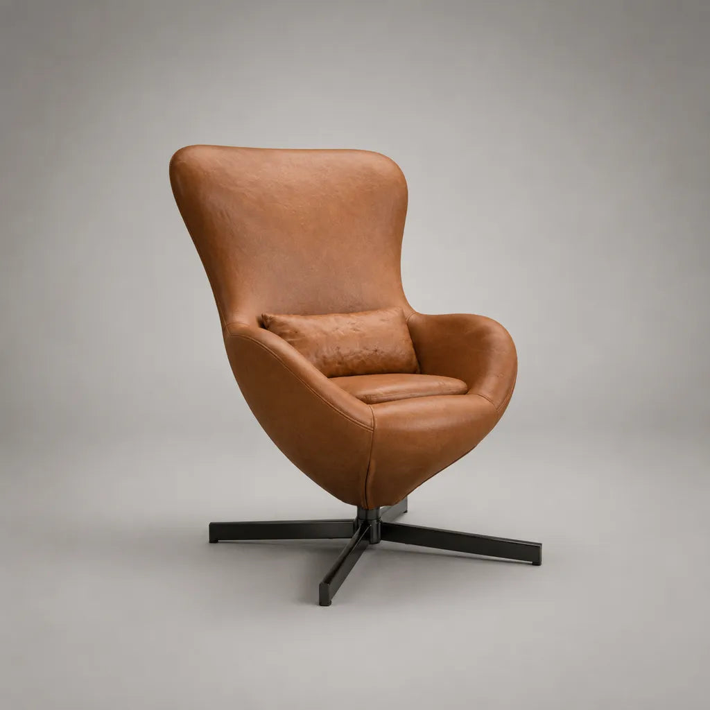 Fauteuil pivotant de détente en similicuir marron cognac à dossier haut, 80 × 85 × 108 cm
