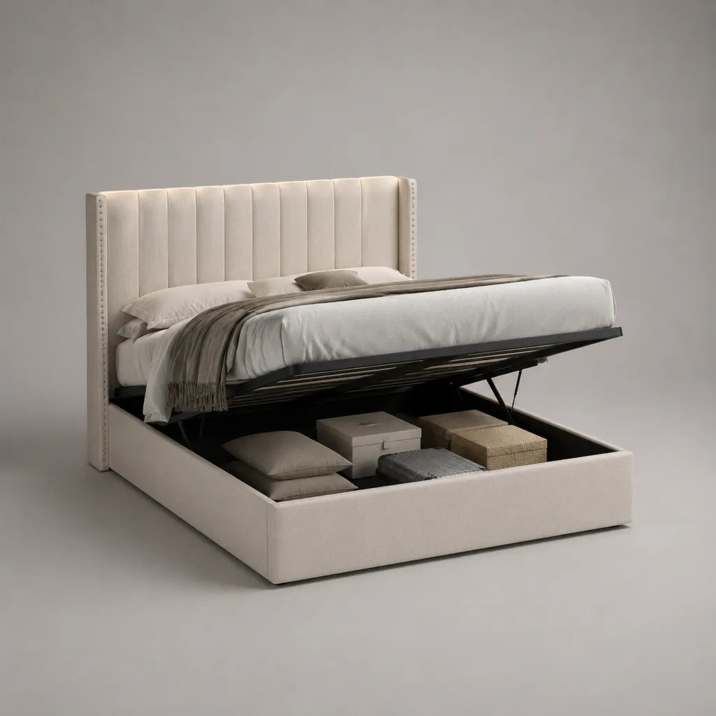 Lit coffre 160 × 200 cm, dimensions 220 × 174 × 120 cm, sommier relevable en acier, velours beige crème et tête de lit rectangulaire