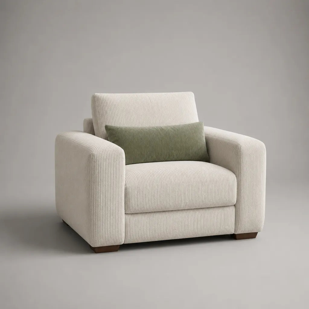 Fauteuil 1 place en velours côtelé polyester crème avec coussin vert sauge, 108 × 93 × 87 cm