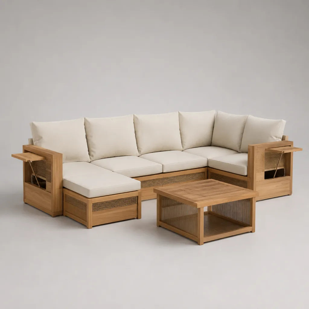 Canapé de jardin d’angle 6 places avec méridienne gauche et table basse, ensemble 2 pièces en acacia massif, écru et marron clair, 285 x 205 x 82 cm