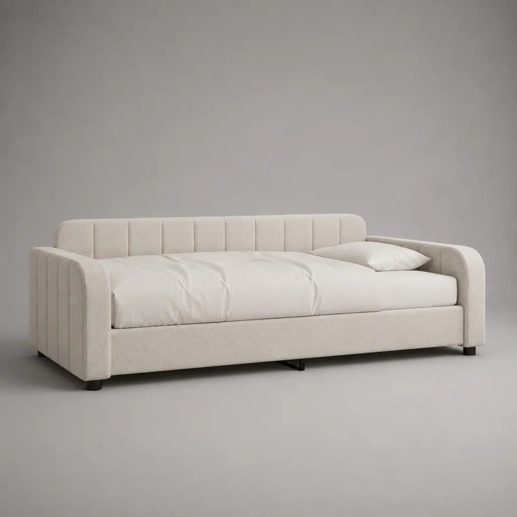 Lit banquette 1 place 90 × 200 cm crème en bouclé polyester avec sommier à lattes