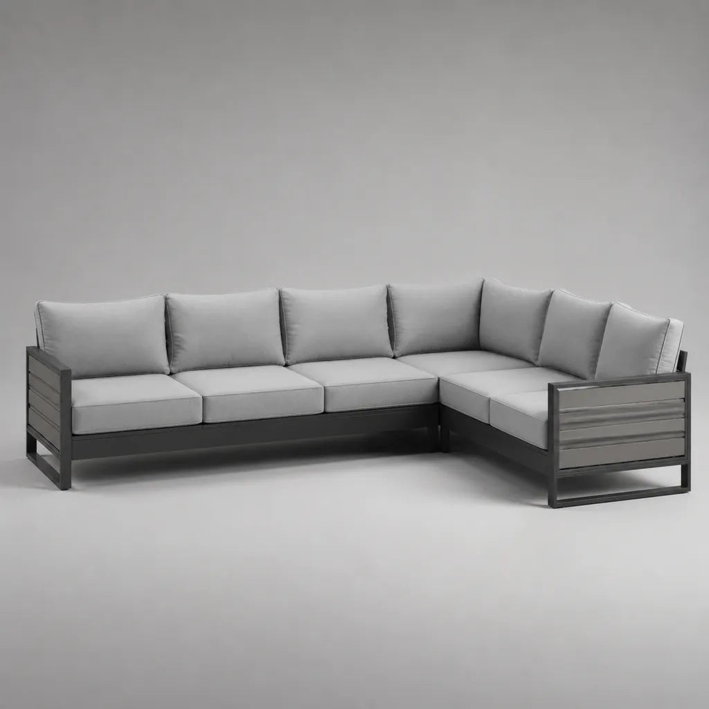 Canapé de jardin d’angle 5 places en aluminium et polyester gris clair et anthracite, 250 × 190 × 75 cm