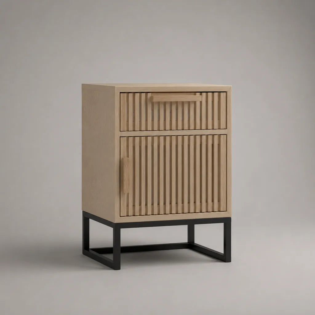 Table de chevet en bois et métal avec 1 tiroir et 1 porte, bois naturel et noir, 45 × 40 × 70 cm