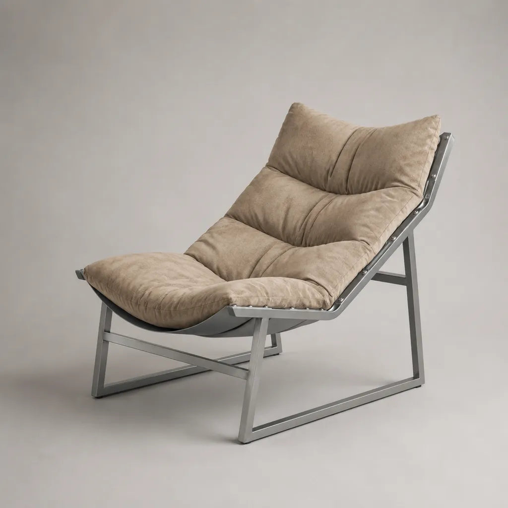 Fauteuil de détente incliné sans accoudoirs en polyester taupe et acier gris argenté, 76 × 90 × 92 cm