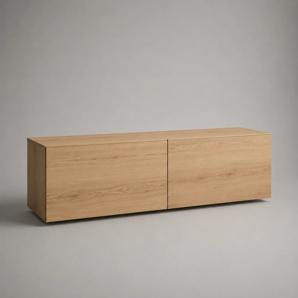 Meuble TV bas rectangulaire en bois, chêne naturel, 2 portes, 160 × 40 × 55 cm