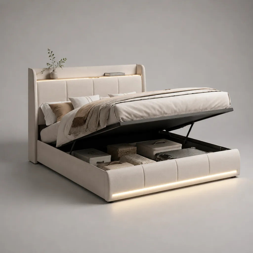 Lit coffre rembourré en polyester crème et noir 160 x 200 cm avec sommier relevable, tête de lit à étagère et éclairage LED