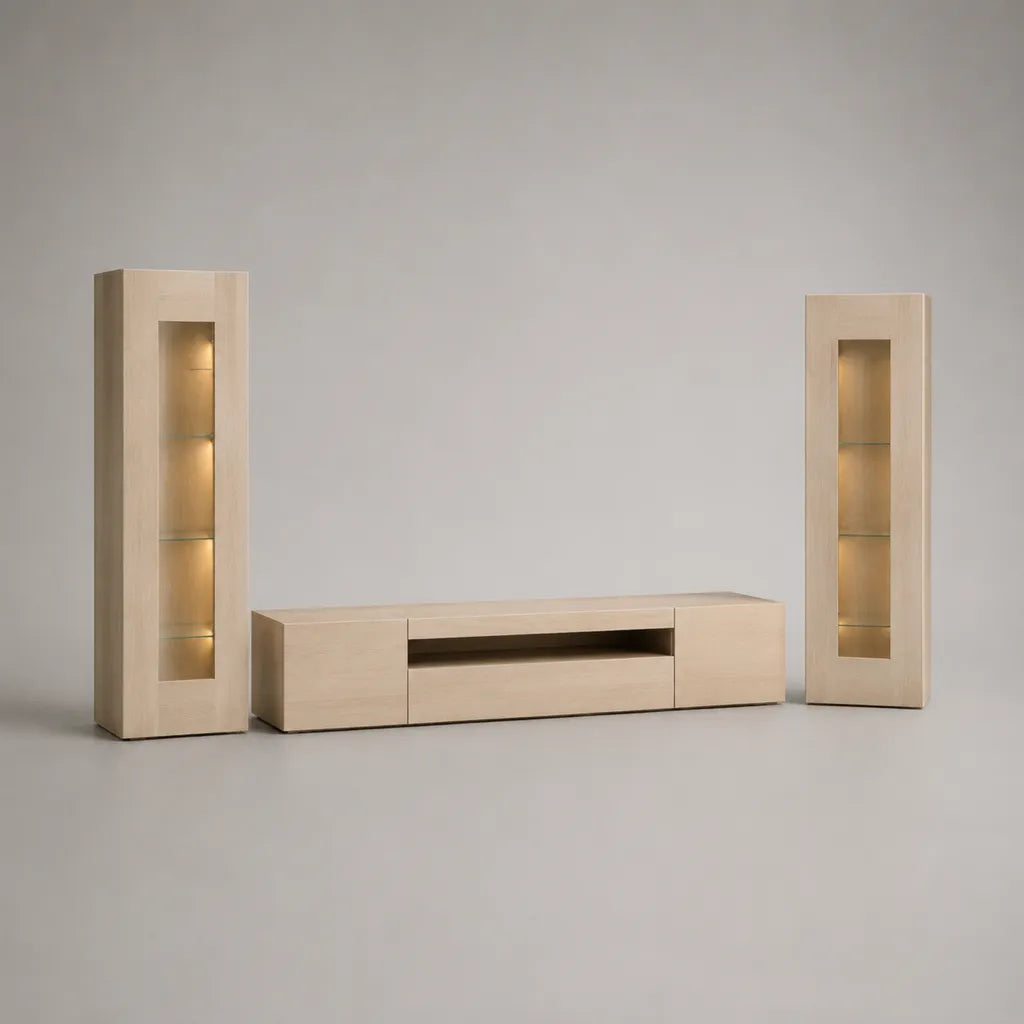 Ensemble meuble TV 3 pièces en bois et verre, chêne clair, meuble bas 220 × 45 × 45 cm et 2 vitrines 60 × 40 × 180 cm avec éclairage LED