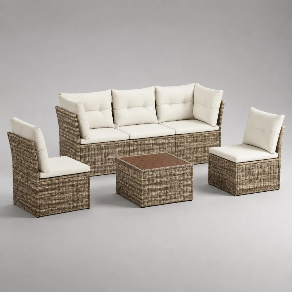 Ensemble de jardin 5 places, 4 pièces en résine tressée beige avec coussins écrus, canapé 181 × 65 × 74 cm, fauteuils 65 × 65 × 74 cm et table 65 × 65 × 35 cm