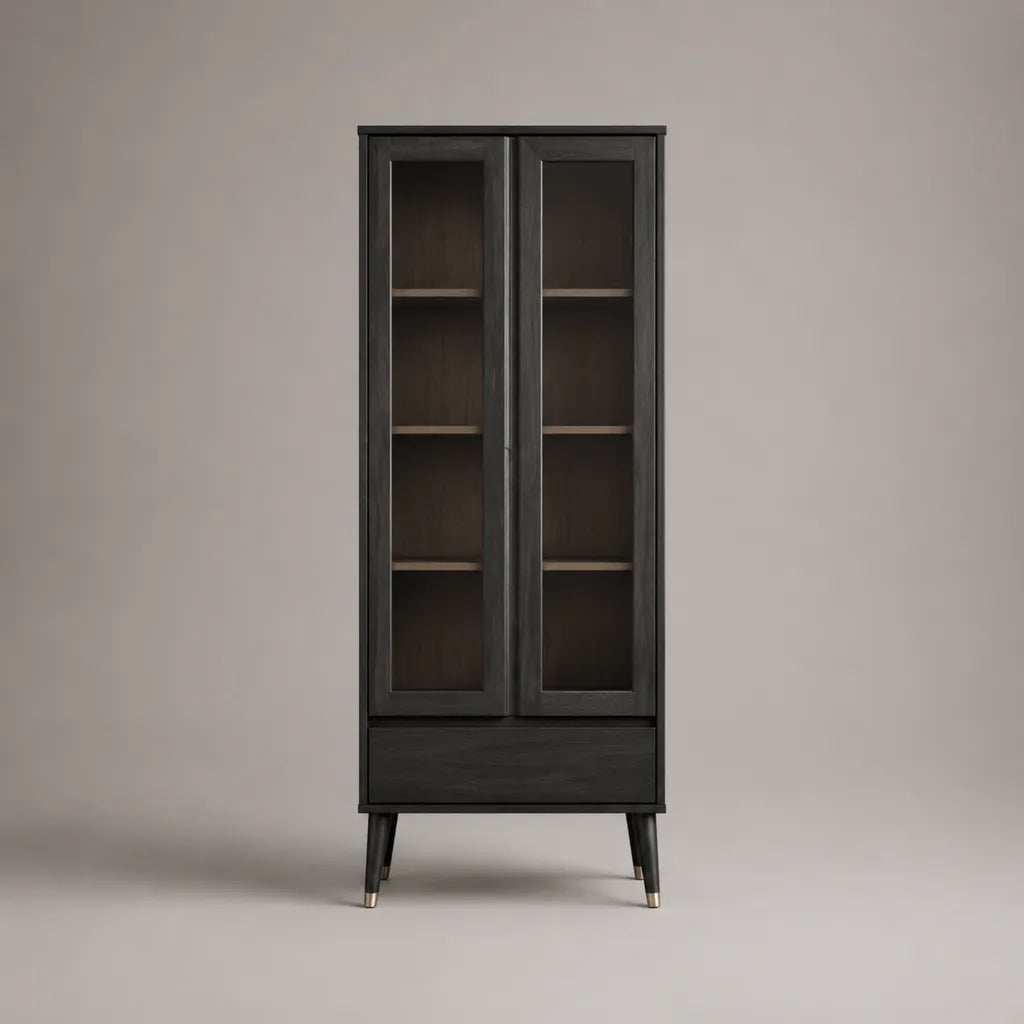 Vitrine haute rectangulaire noire en MDF et verre trempé, 2 portes, 1 tiroir, 70 × 38 × 180 cm