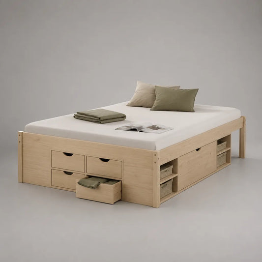 Lit double plateforme avec rangement en pin massif, bois naturel, couchage 160 x 200 cm, dimensions 206 x 166 x 70 cm