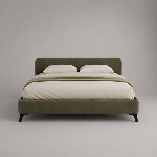 Lit double rembourré en velours vert olive avec sommier à lattes, couchage 160 × 200 cm