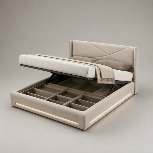 Lit coffre double en tissu beige clair, couchage 160 × 200 cm, dimensions 220 × 180 × 115 cm, sommier relevable et éclairage LED
