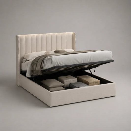 Lit coffre 160 × 200 cm, dimensions 220 × 174 × 120 cm, sommier relevable en acier, velours beige crème et tête de lit rectangulaire
