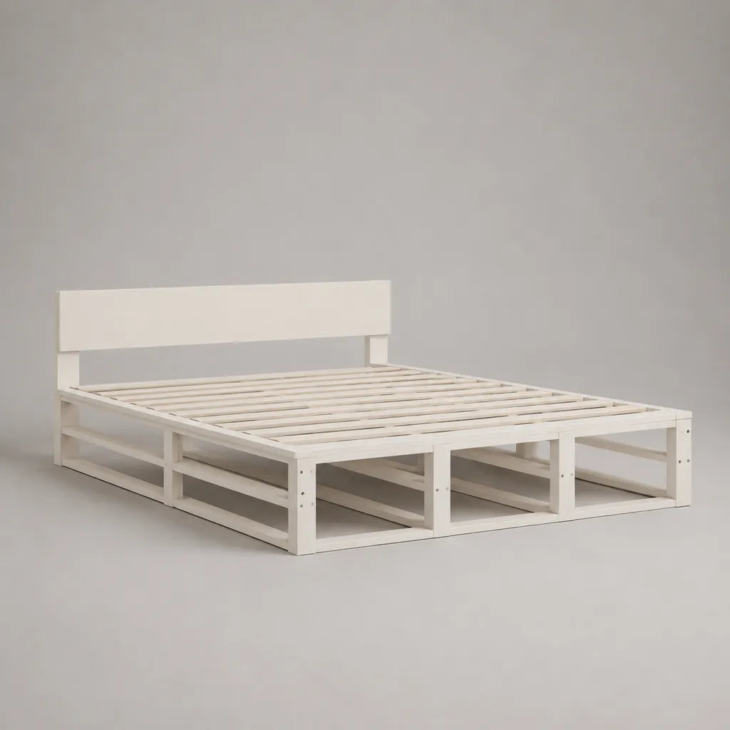 Cadre de lit double en pin massif blanc avec tête de lit et sommier à lattes, couchage 140 × 190 cm, dimensions 198 × 147 × 80 cm