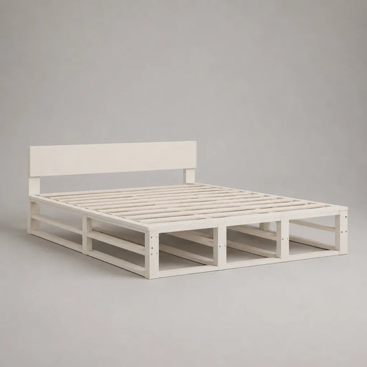 Cadre de lit double en pin massif blanc avec tête de lit et sommier à lattes, couchage 140 × 190 cm, dimensions 198 × 147 × 80 cm