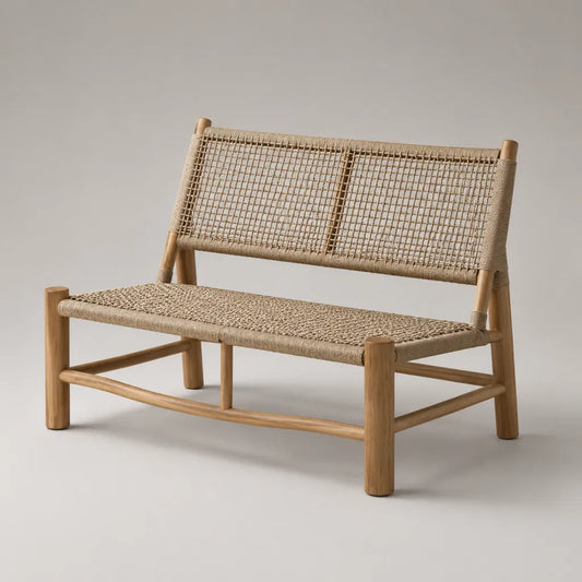 Canapé de jardin 2 places en bois d’acacia massif et corde beige, 125 × 67 × 83 cm