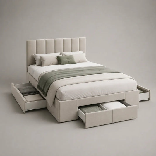 Lit double 160 x 200 cm en polyester beige avec tête de lit rembourrée et 4 tiroirs