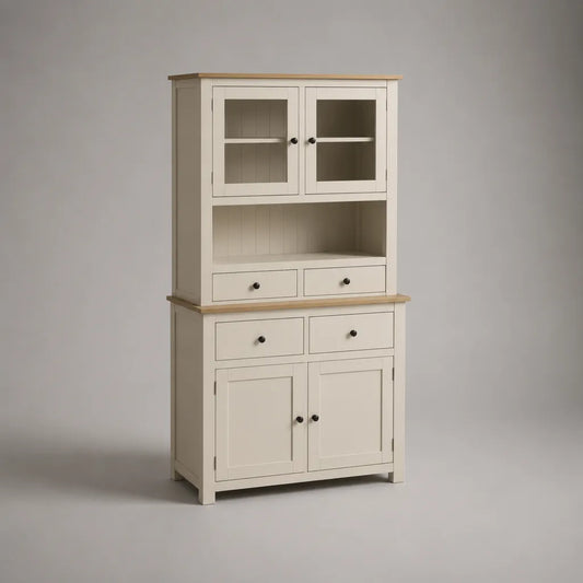 Vaisselier vitrine rectangulaire en pin massif, MDF et verre trempé, blanc cassé et bois naturel, 90 × 40 × 180 cm