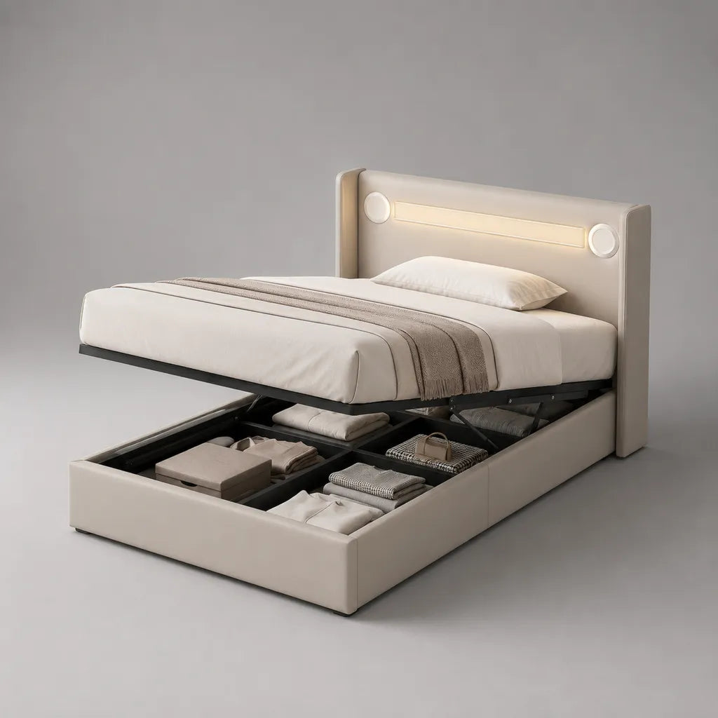 Lit coffre 2 places 160 x 200 cm en similicuir PU beige et métal noir, sommier relevable et tête de lit LED, 220 x 180 x 115 cm