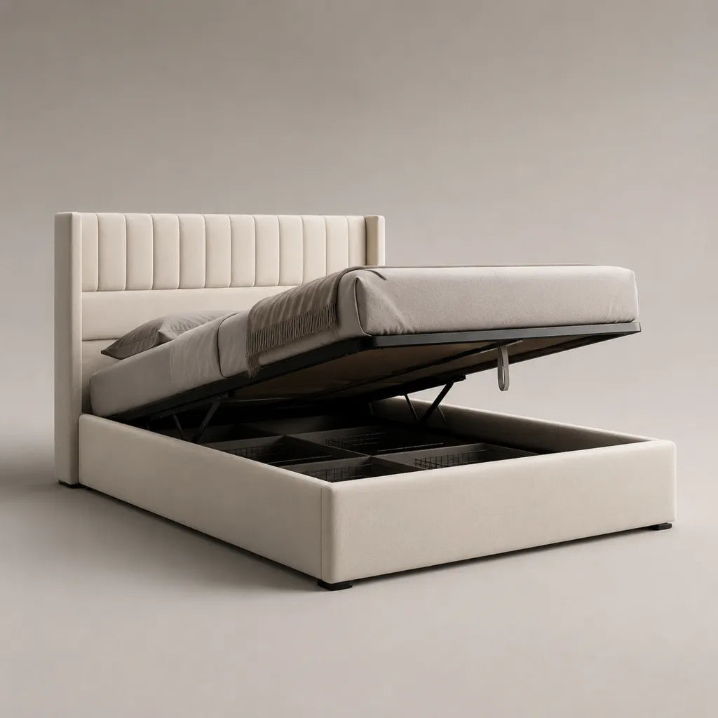 Lit coffre double rembourré en tissu beige et métal noir avec sommier relevable, couchage 160 x 200 cm, dimensions 176 x 217 x 115 cm