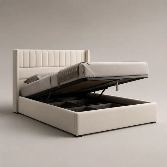 Lit coffre double rembourré en tissu beige et métal noir avec sommier relevable, couchage 160 x 200 cm, dimensions 176 x 217 x 115 cm