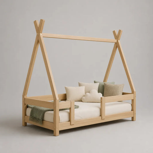 Lit cabane enfant 90 x 200 cm en pin massif naturel avec barrières, 207 x 97 x 170 cm