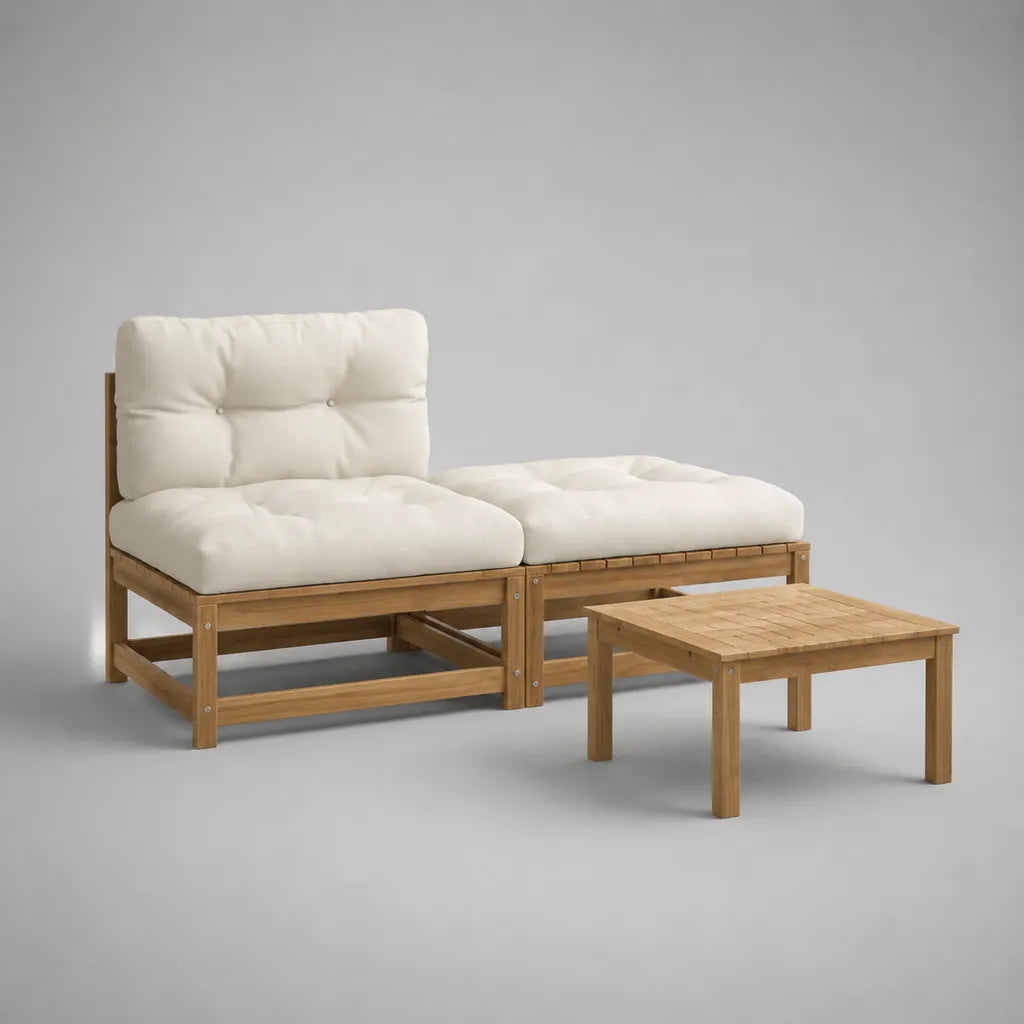 Ensemble de jardin 3 pièces en acacia massif avec coussins écrus – assise modulable 140 × 72 × 76 cm et table basse 65 × 65 × 35 cm