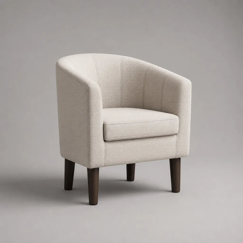 Fauteuil cabriolet en tissu beige avec pieds en bois marron foncé, 72 × 72 × 81 cm