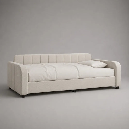 Lit banquette 1 place 90 × 200 cm crème en bouclé polyester avec sommier à lattes