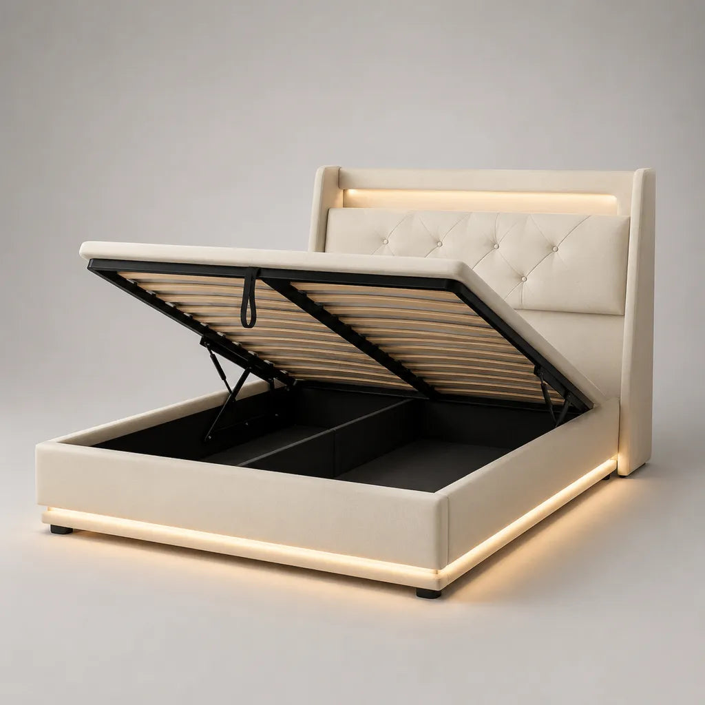 Lit coffre beige 160 × 200 cm avec sommier relevable, structure en bois et acier, revêtement en similicuir PU et éclairage LED