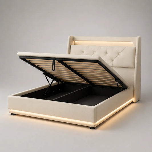 Lit coffre beige 160 × 200 cm avec sommier relevable, structure en bois et acier, revêtement en similicuir PU et éclairage LED