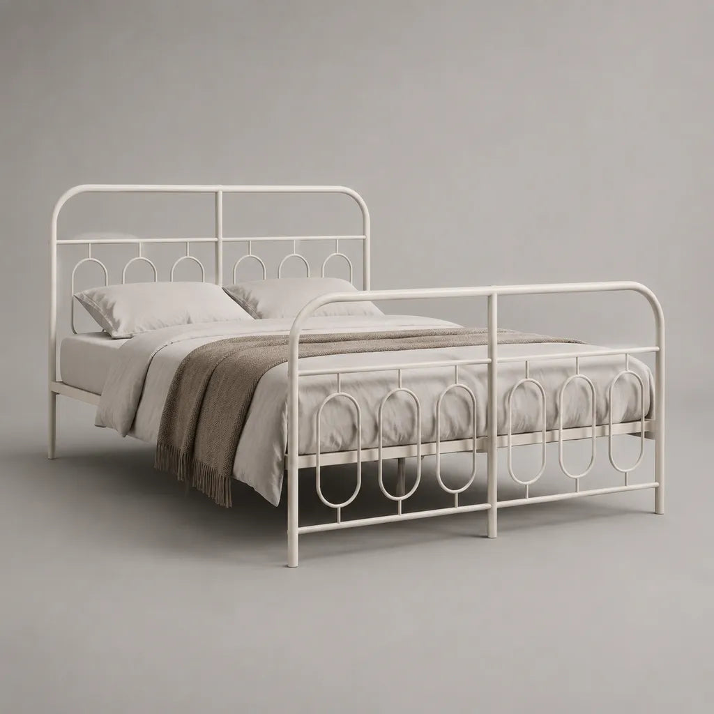 Lit double 140 x 190 cm en acier blanc avec tête de lit et sommier à lattes