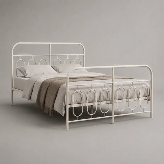 Lit double 140 x 190 cm en acier blanc avec tête de lit et sommier à lattes