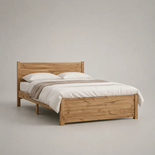 Lit double en bois marron miel avec sommier à lattes, couchage 160 × 200 cm, dimensions 210 × 169 × 105 cm