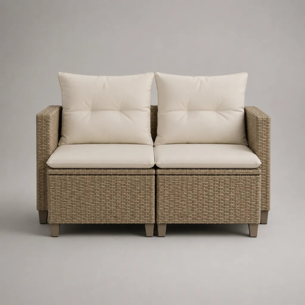 Canapé de jardin 2 places en résine tressée PE et acier, taupe et crème, 124 × 67 × 76 cm