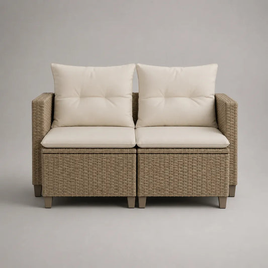 Canapé de jardin 2 places en résine tressée PE et acier, taupe et crème, 124 × 67 × 76 cm