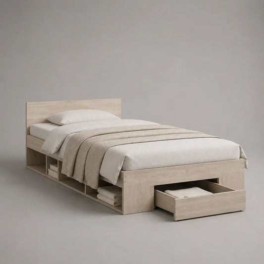 Cadre de lit double avec tête de lit, niches et tiroir, panneaux de particules mélaminés, chêne clair, couchage 140 × 190 cm