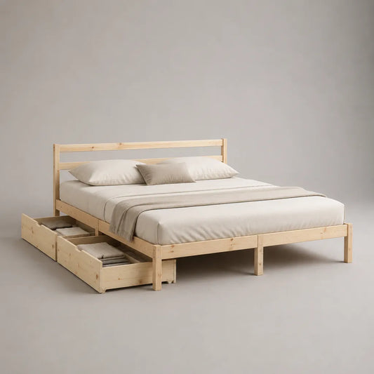 Lit double en pin massif naturel avec sommier à lattes et 2 tiroirs, couchage 160 × 200 cm