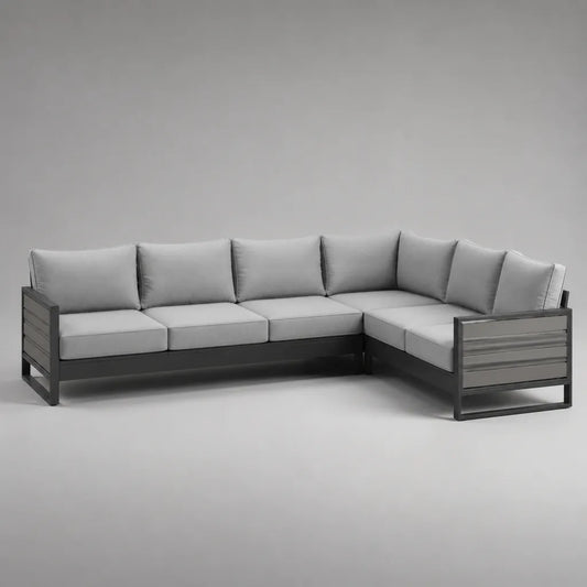 Canapé de jardin d’angle 5 places en aluminium et polyester gris clair et anthracite, 250 × 190 × 75 cm