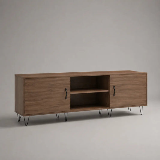 Meuble TV rectangulaire en bois et métal avec 2 portes et 2 niches, marron noyer et noir, 160 × 40 × 60 cm