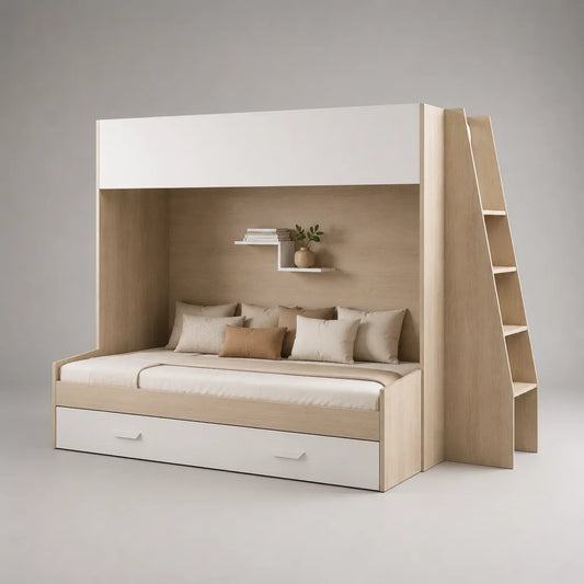 Lit superposé enfant en bois avec escalier latéral et tiroir, chêne clair et blanc, couchages 90 x 200 cm et 140 x 200 cm, dimensions 209 x 145 x 220 cm
