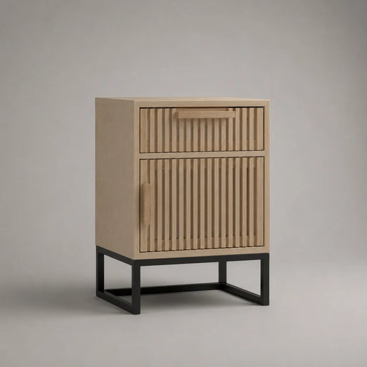 Table de chevet en bois et métal avec 1 tiroir et 1 porte, bois naturel et noir, 45 × 40 × 70 cm