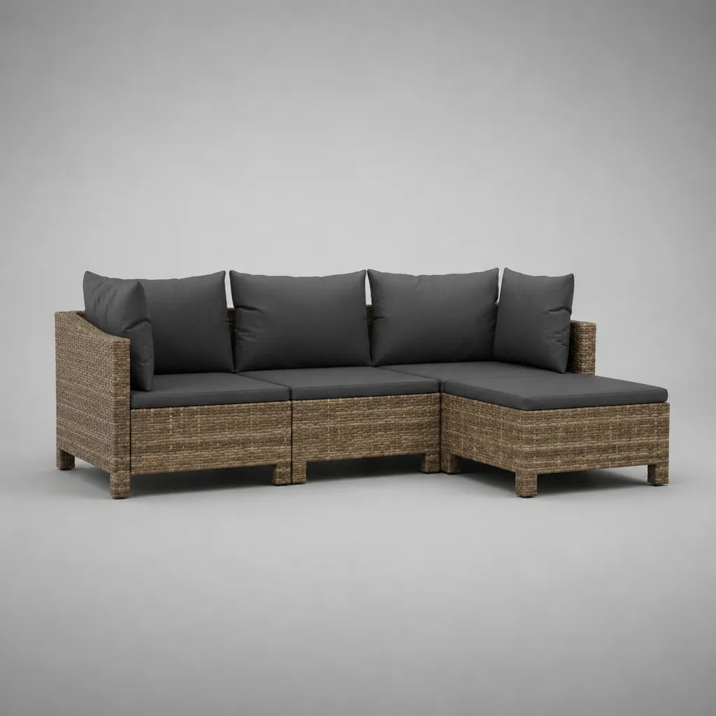 Canapé de jardin d’angle 3 places en résine tressée PE et acier avec coussins gris anthracite, 210 × 140 × 70 cm