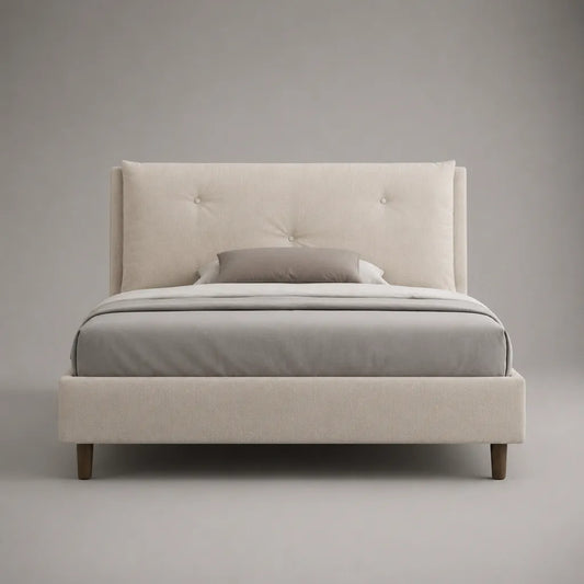 Lit double rembourré en polyester beige, couchage 160 × 200 cm, dimensions 176 × 216 × 120 cm, tête de lit capitonnée et sommier à lattes