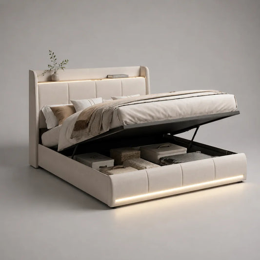Lit coffre rembourré en polyester crème et noir 160 x 200 cm avec sommier relevable, tête de lit à étagère et éclairage LED