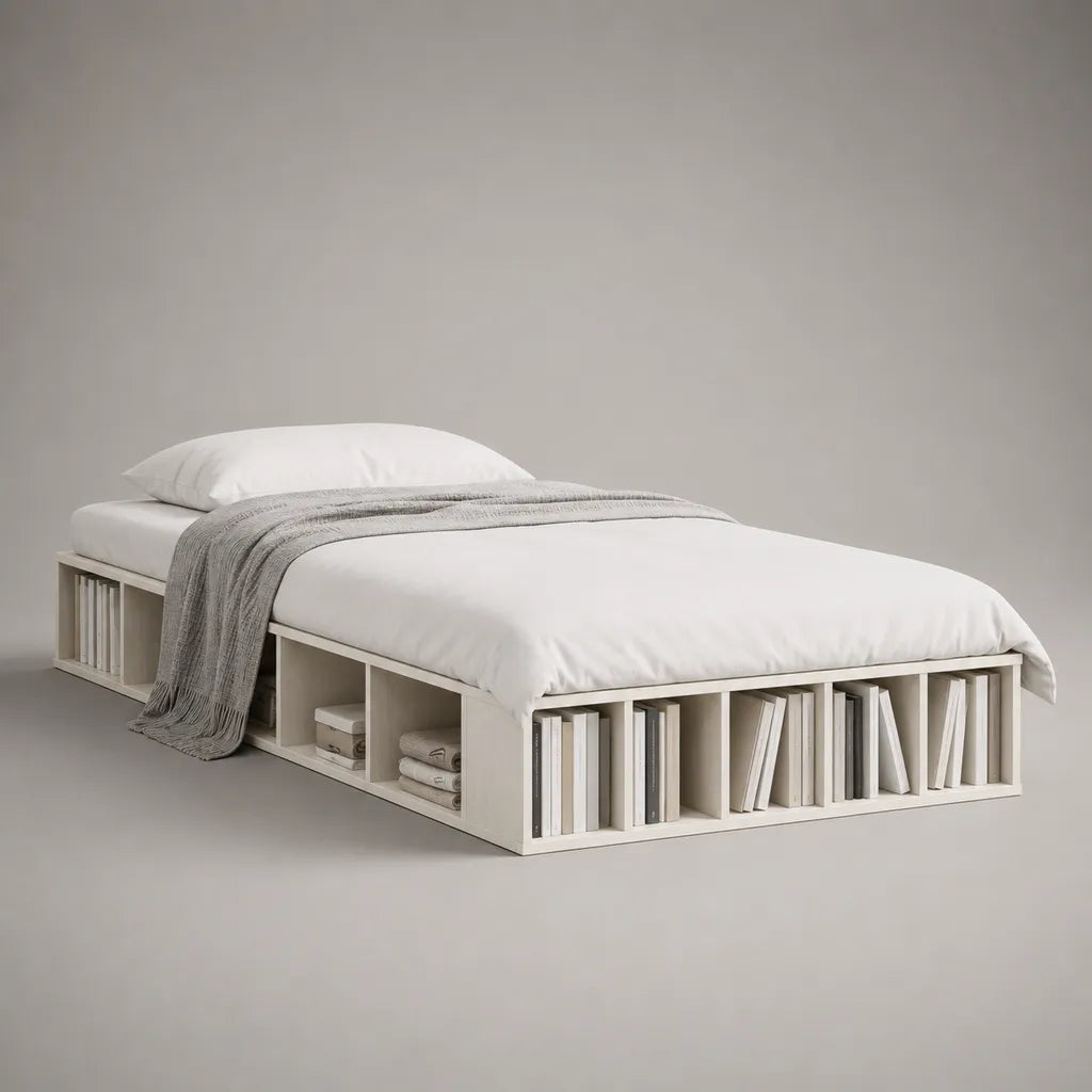 Cadre de lit plateforme 2 places en MDF blanc cassé avec 8 niches de rangement, couchage 140 × 190 cm, dimensions 196 × 146 × 40 cm