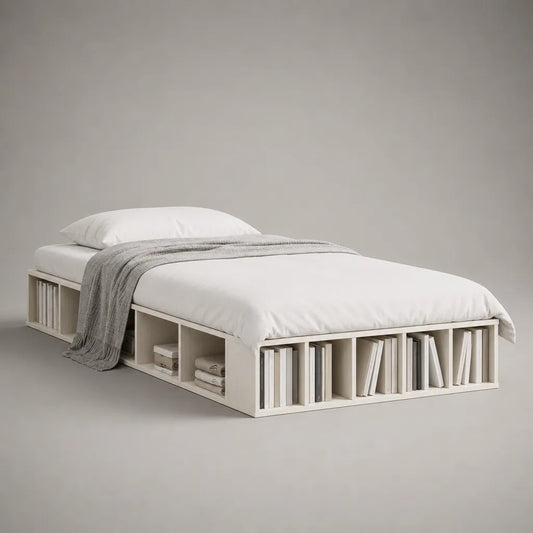 Cadre de lit plateforme 2 places en MDF blanc cassé avec 8 niches de rangement, couchage 140 × 190 cm, dimensions 196 × 146 × 40 cm