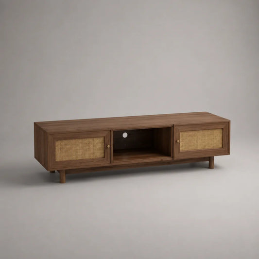 Meuble TV bas en panneaux MDF plaqués noyer brun avec 2 portes en cannage de rotin naturel, 160 × 40 × 52 cm