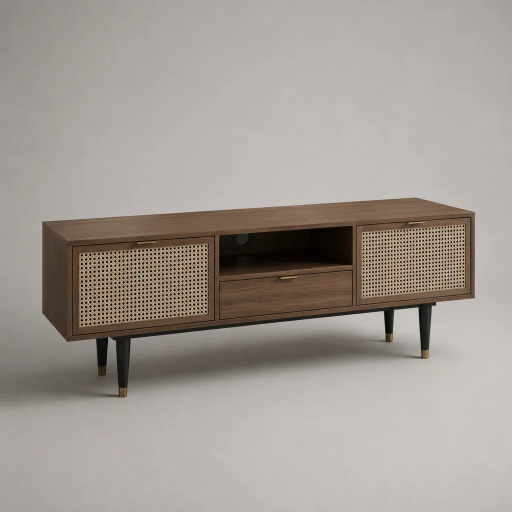Meuble TV rectangulaire en MDF plaqué noyer et cannage en rotin, brun noyer, 160 × 40 × 60 cm
